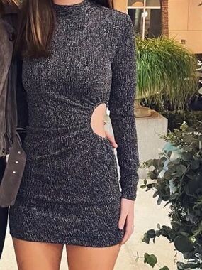 Black Sparkly Long Sleeve Dress with Side Cut Out